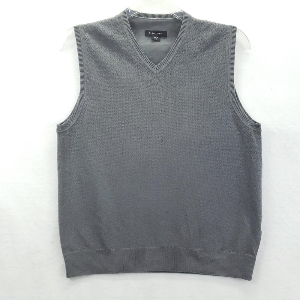 Structure Sweater Vest Mens Large Gray V Neck Textured Knit Pullover Sleeveless